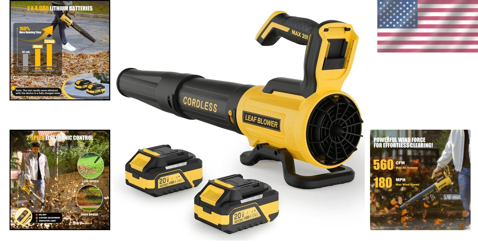 Efficient 180 MPH Cordless Leaf Blower - 2 x 4.0Ah Battery & Charger Included