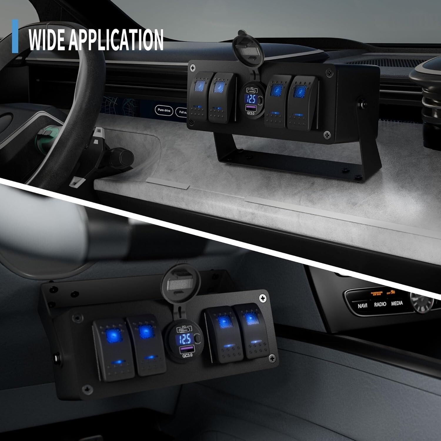 Durable Marine 4 Gang Switch Box with Built-in LED Voltmeter & Adjustable Mount