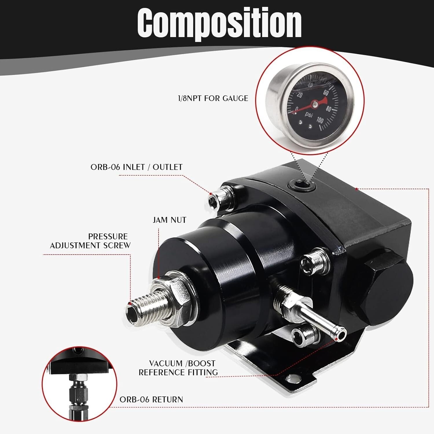 Universal 0-100 PSI EFI Fuel Pressure Regulator Kit with Adjustable Gauge