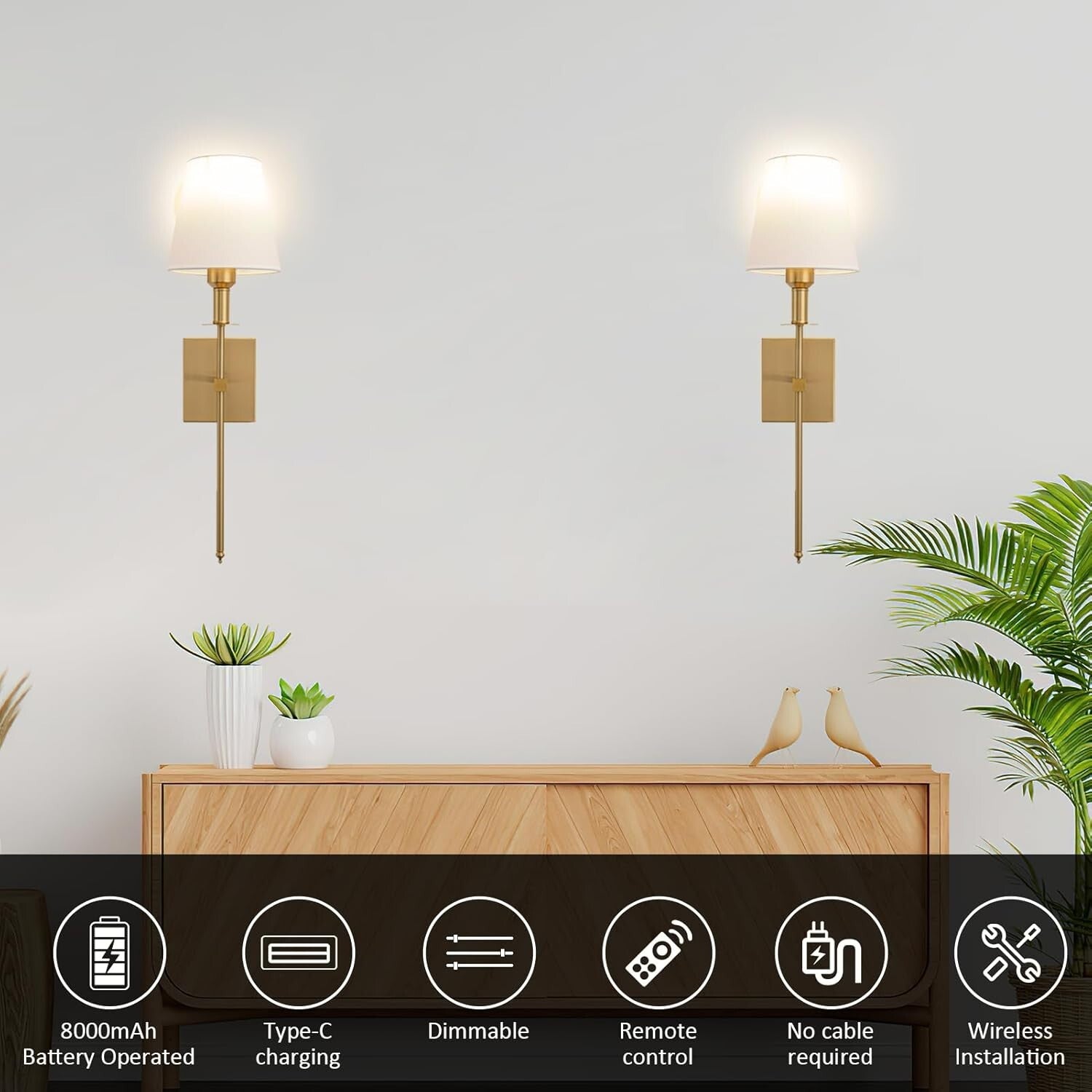 Elegant Gold Battery-Powered Wall Sconce Set - Dimmable & Adjustable Lighting