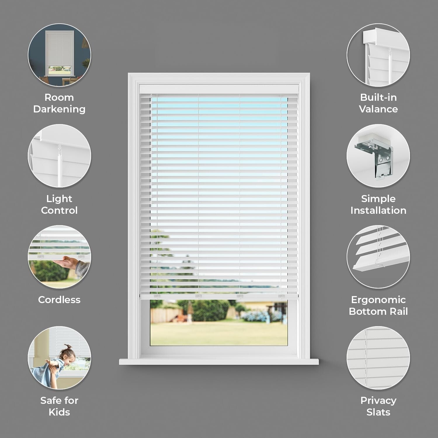35" W x 64" L Cordless Fake Wood Blinds - Elegant Privacy with UV Protection