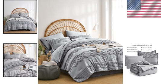 Elegant 7-Piece Tufted Bedding Set - Soft Microfiber Grey Bohemian Style