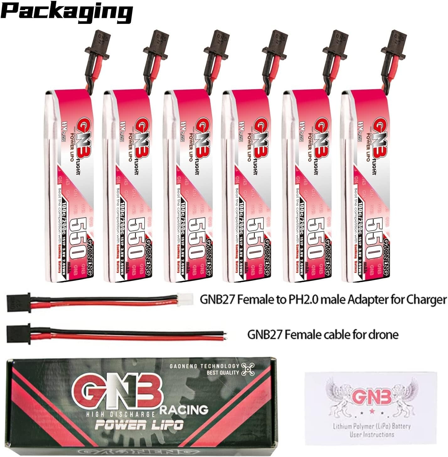 GNB 1S LiPo 6-Piece Set, 550mAh 3.8V Batteries for Racing Drones with Connectors