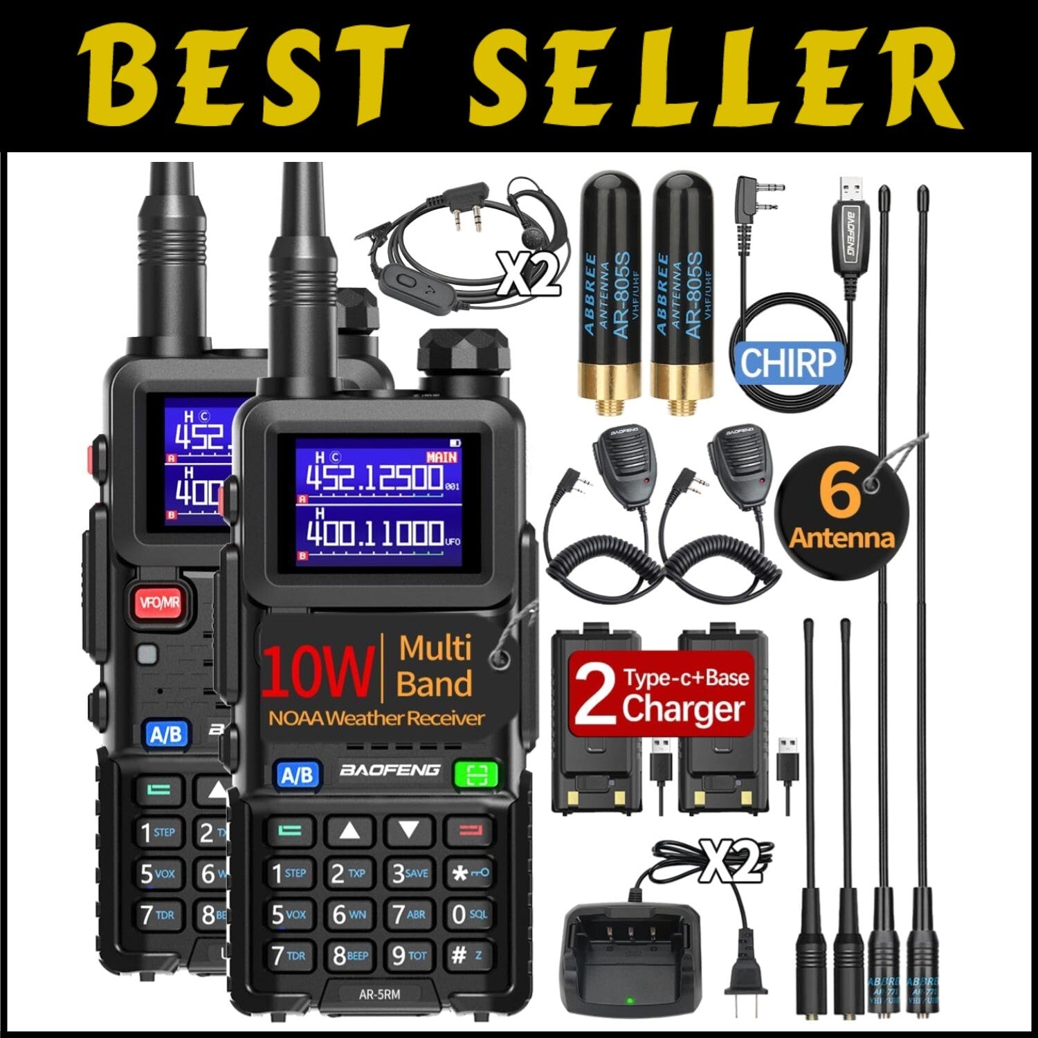 Rechargeable Ham Radio Walkie Talkies with NOAA Receiver and Speaker Mic, 2-Pack