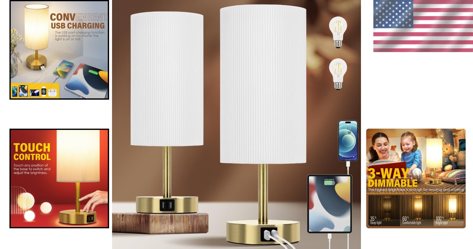 Modern Bedside Lamp Set with USB Ports - Touch Control & Dimmable Features