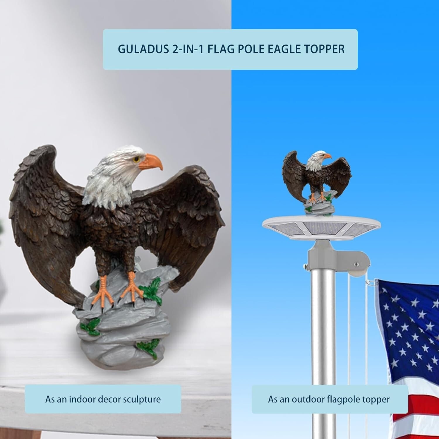 Durable 2-in-1 Bald Eagle Flag Pole Finial - 12" Resin Decor for Patriotic Homes