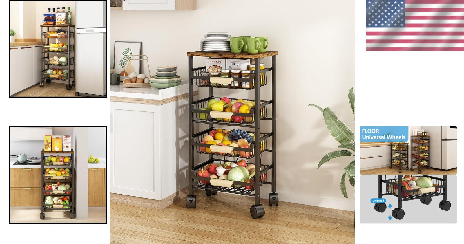 Rolling Vegetable Storage Cart with Wooden Top - 4 Tier Organization for Kitchen