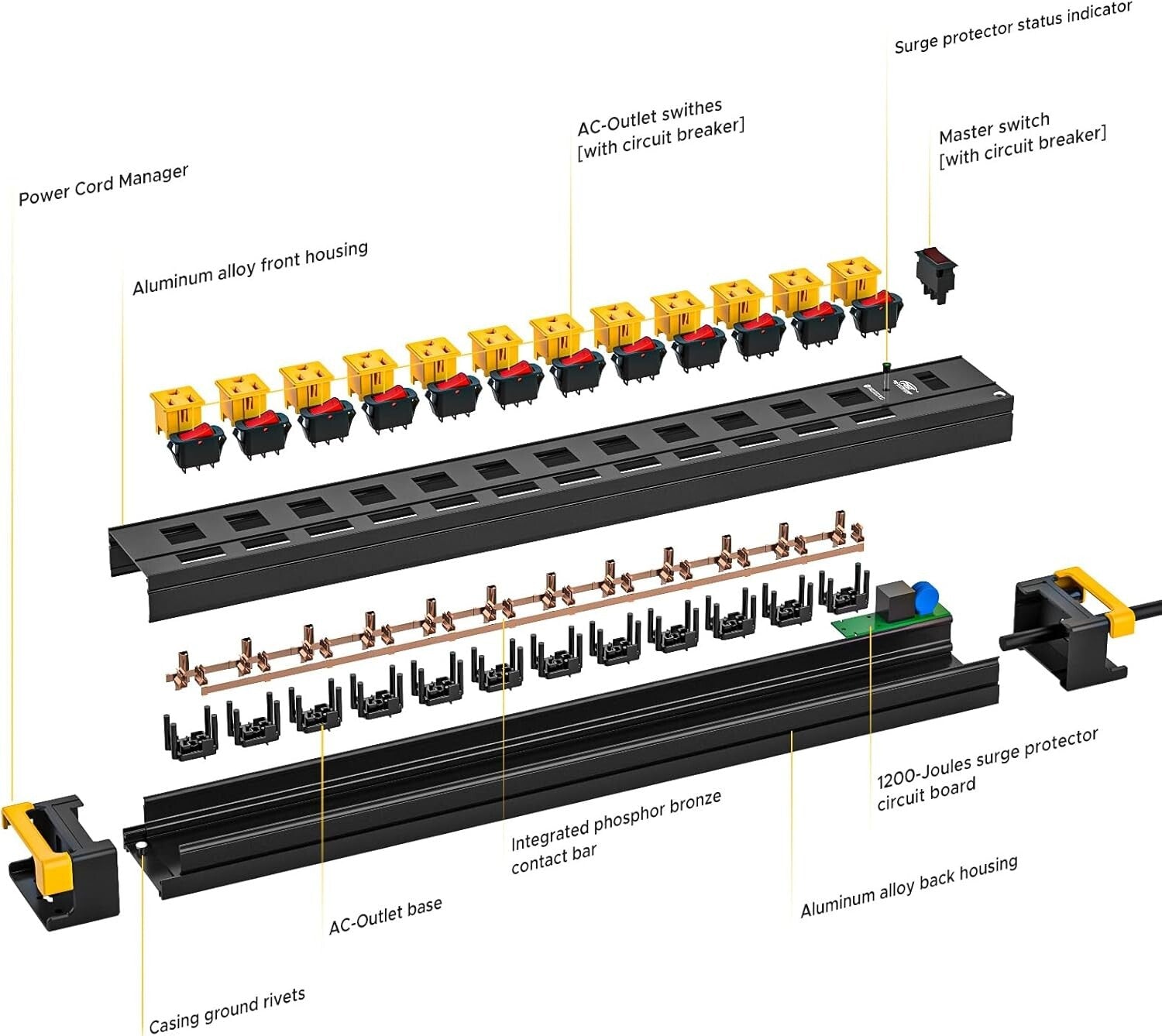 Durable 9FT Metal Power Strip with 12 Outlets & Individually Controlled Switches
