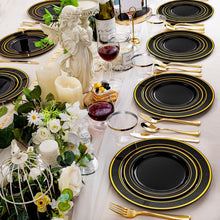 Load image into Gallery viewer, Luxurious Black and Gold Dinnerware Set: 600 Disposable Pieces for 100 Guests