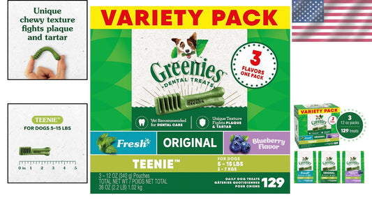 Daily Dental Care Treats for Small Dogs - 129 Pack, Original, Blueberry, Mint