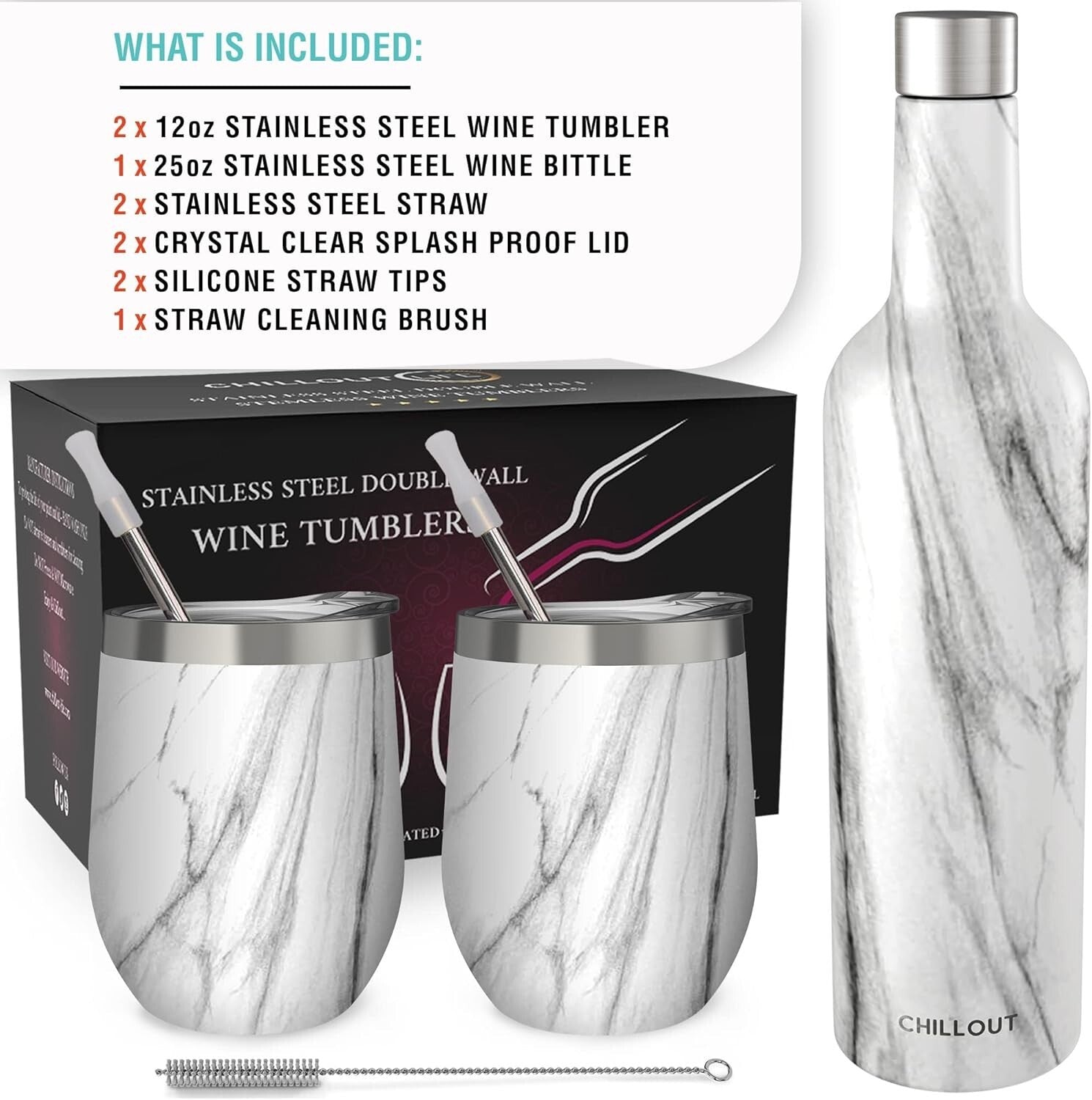 Insulated Wine Tumblers & Bottle - Carrara Marble Design for Outdoor Elegance