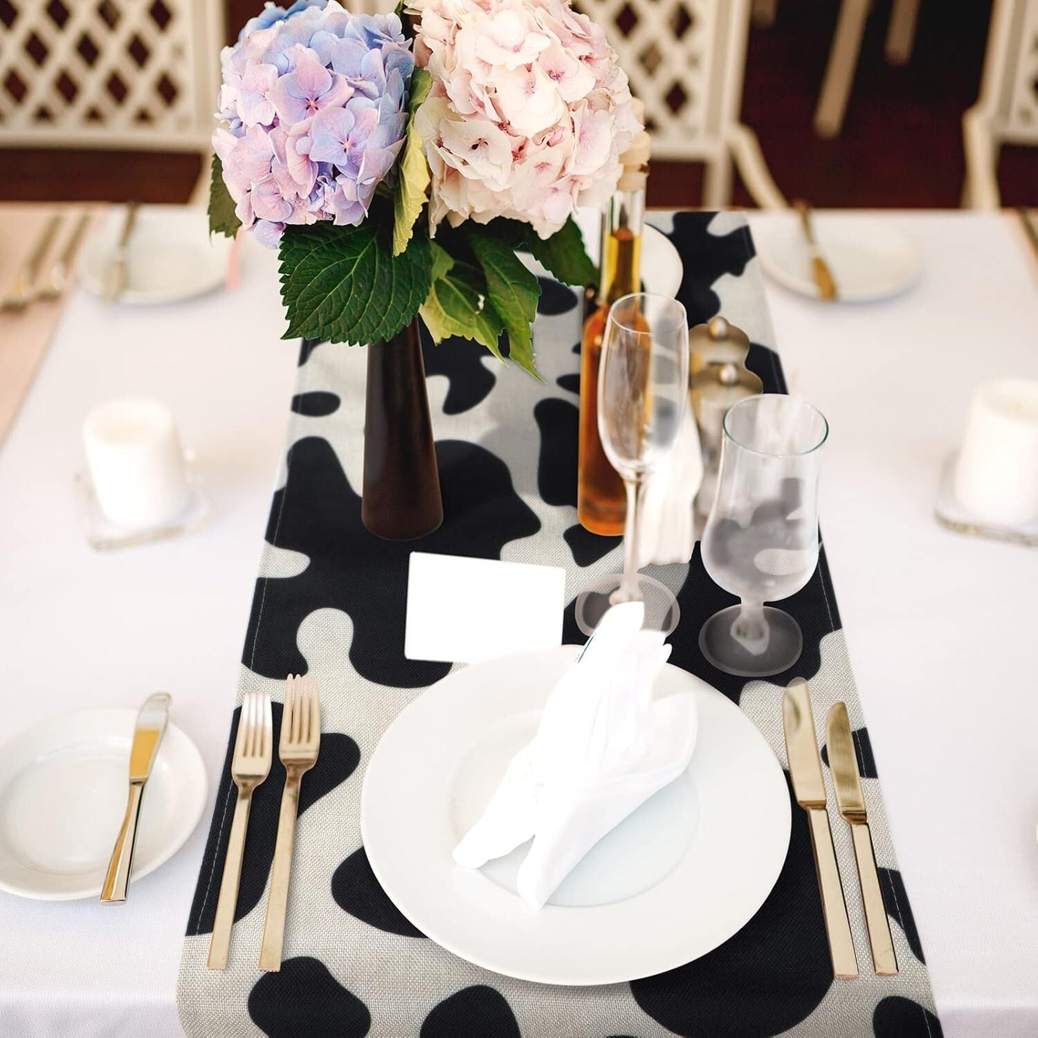 8 Pcs Cow Print Table Runners - Rustic Black and White Linen Tablecloths 13x108