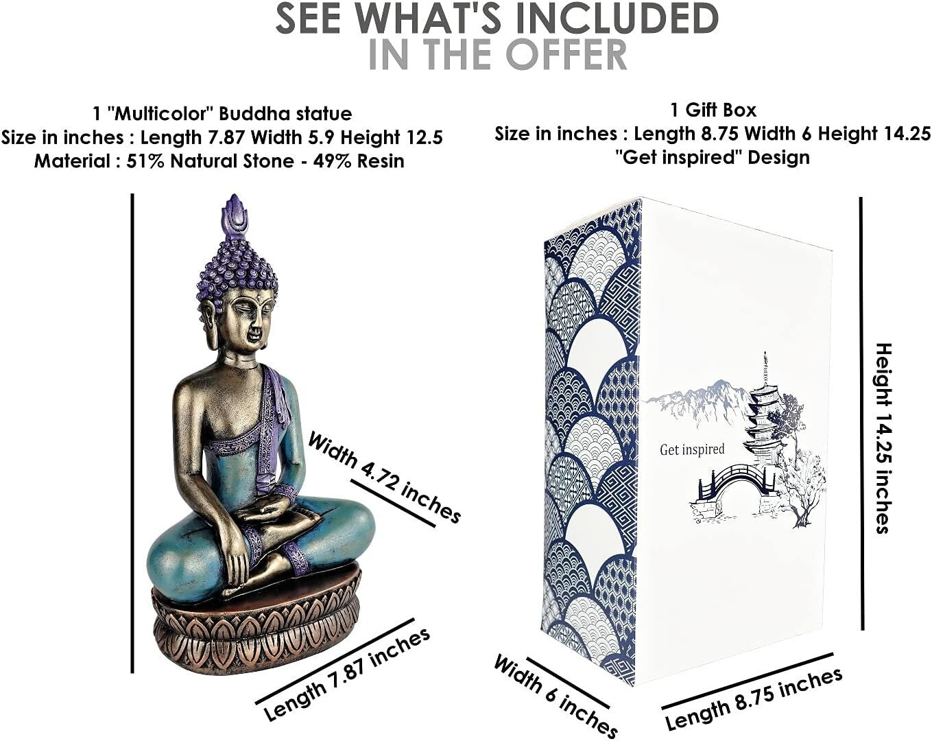 Gift-Ready 12.5" Buddha Statue - Unique Meditation Decor in Sea Blue & Purple