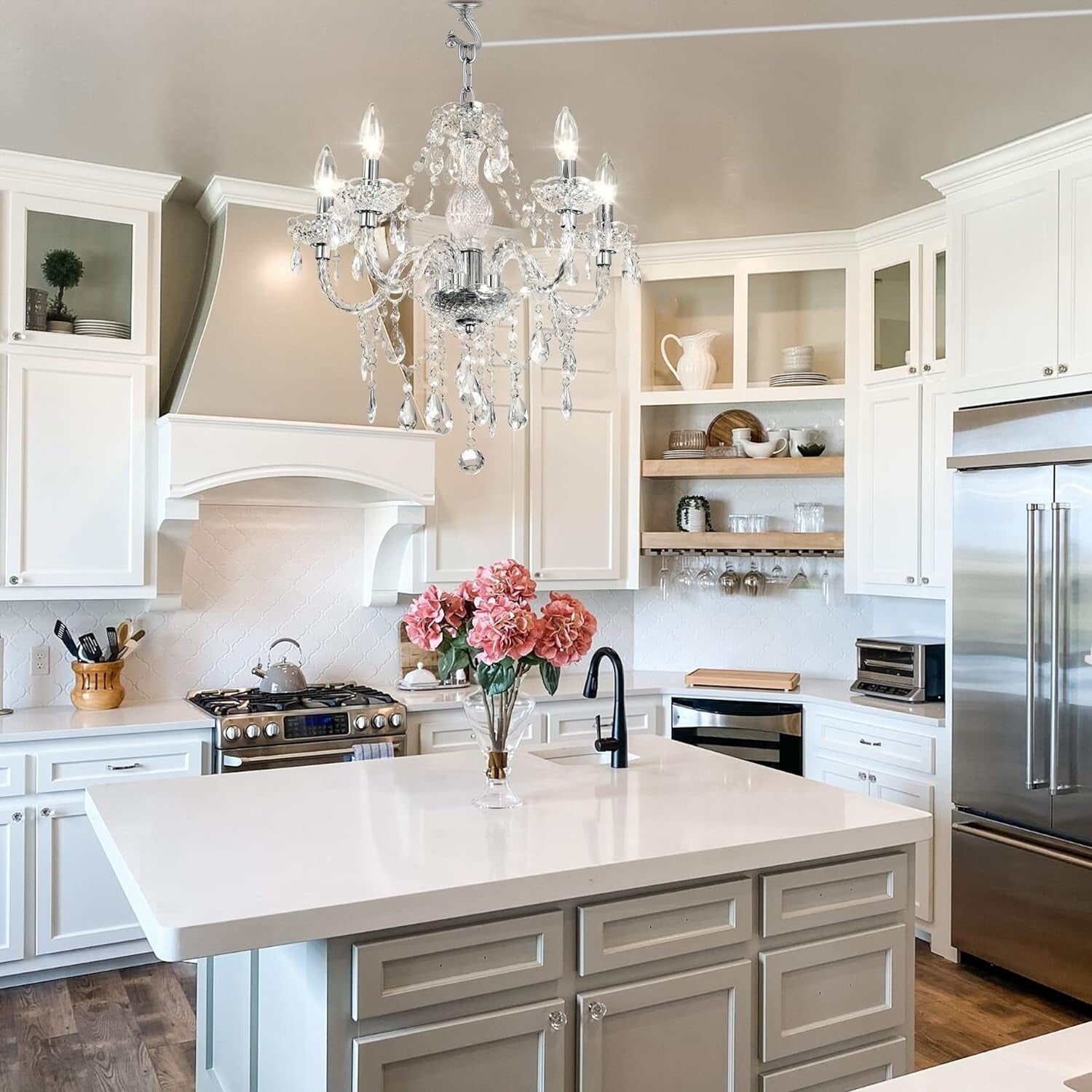 Elegant Acrylic Crystal Chandelier - Plug-In 5 Light Pendant with Clear Cord