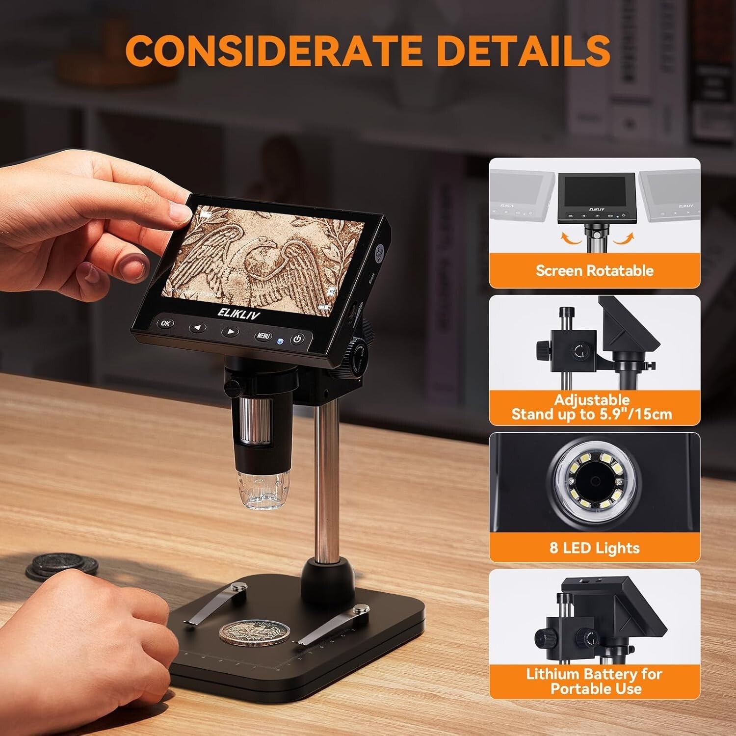 Rechargeable Digital Microscope with Adjustable Stand and Enhanced LED Lighting