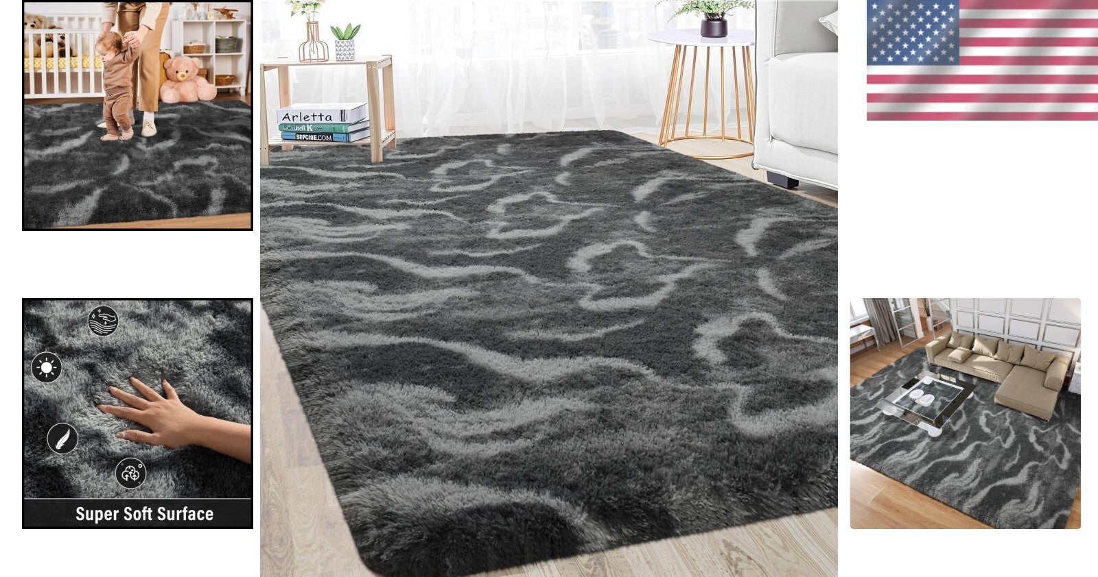 Elegant Black & White Shag Rug, 6x9 Feet Soft Velvet for Cozy Living Spaces