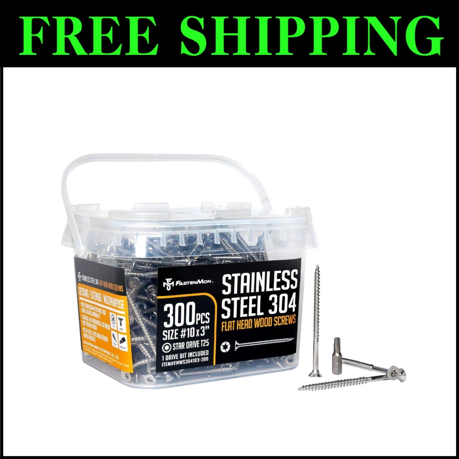 304 Grade Stainless Steel Deck Screws - 300 PCS with T25 Drive Bit, Outdoor Use