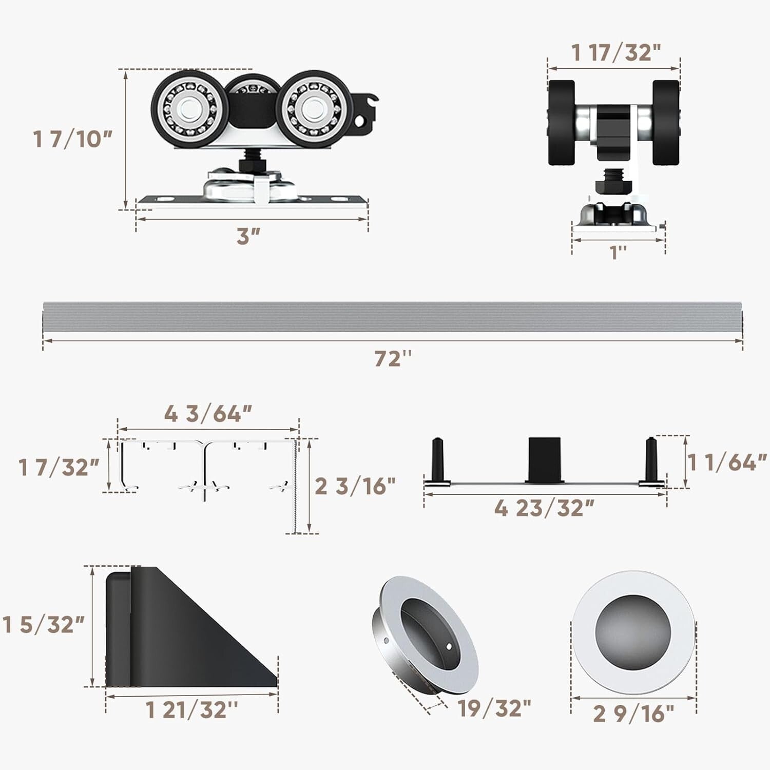Bypass Door Hardware Set 72" for 2 Doors - Quietly Operating Aluminum Track
