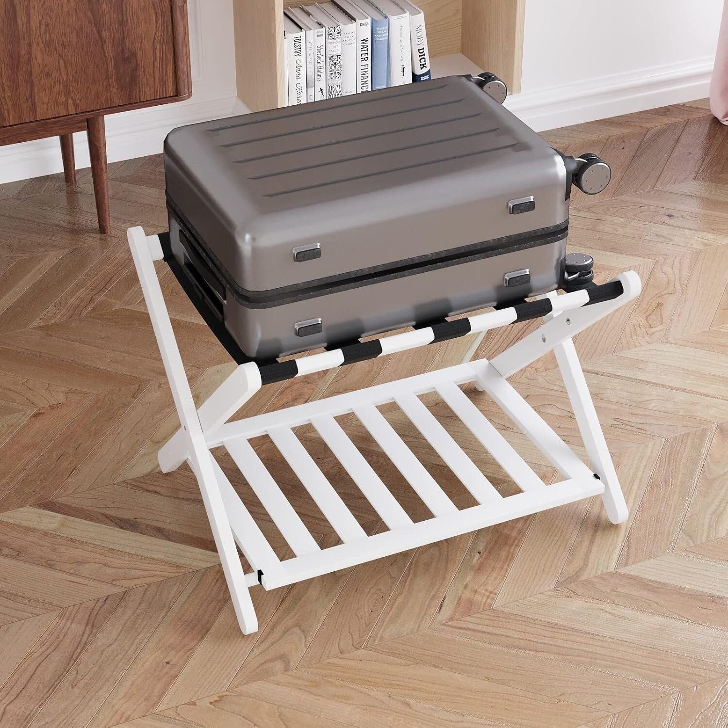 Elegantly Foldable Bamboo Luggage Rack with Upgraded 5 Nylon Straps, 1 Pc