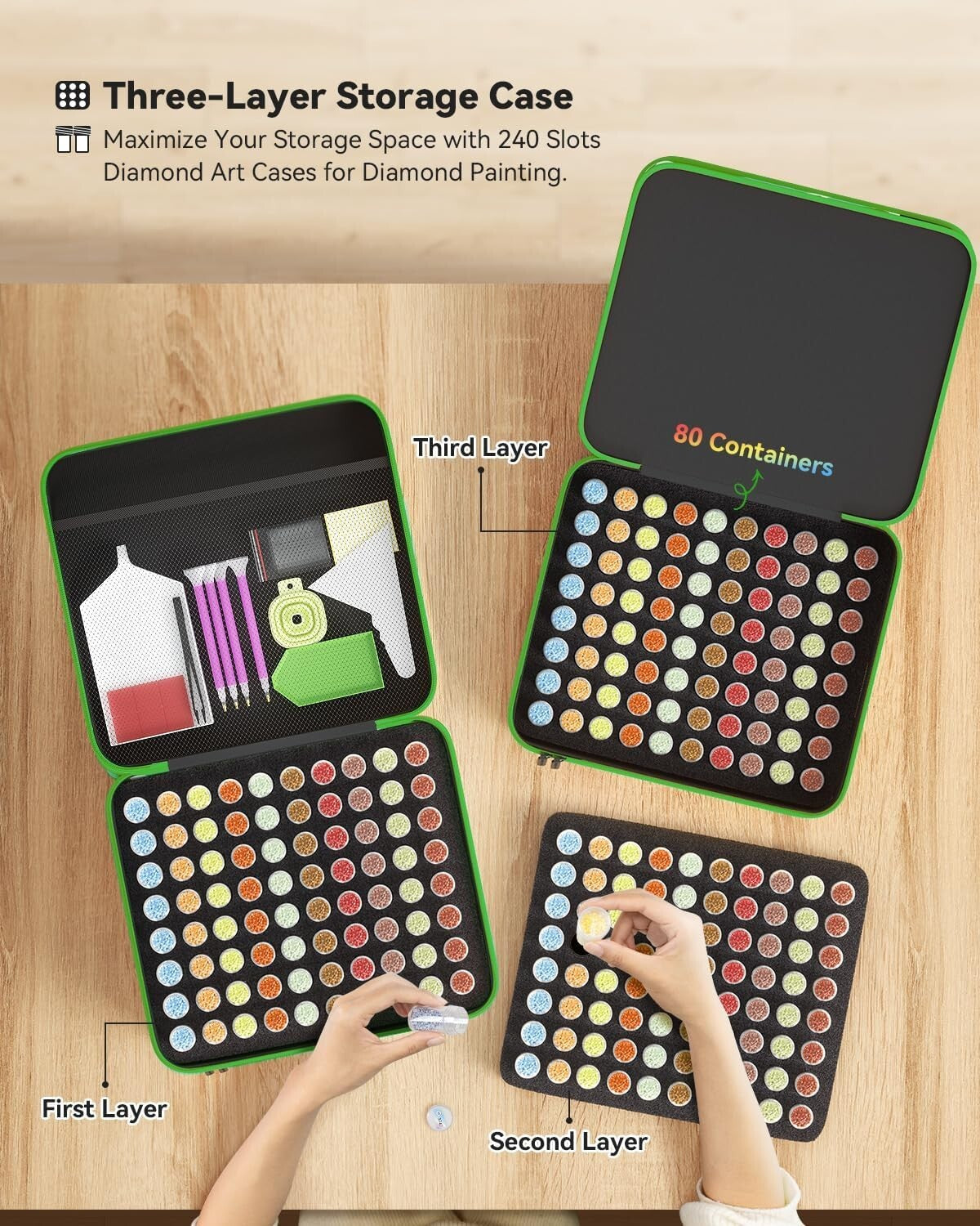 Elegant Green Diamond Painting Storage with 240 Jars - Zipper Closure for Safety