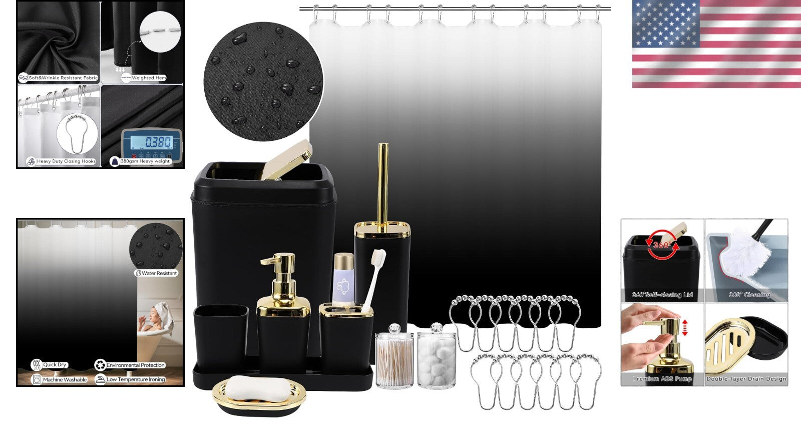 Elegant 22PC Bathroom Accessories Set in Black Ombre with Easy-Clean Features