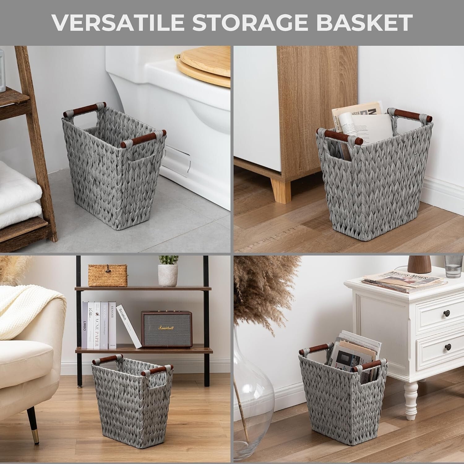 Stylish Handwoven Wicker Basket Trash Cans - Gray, 5 Gallon Capacity