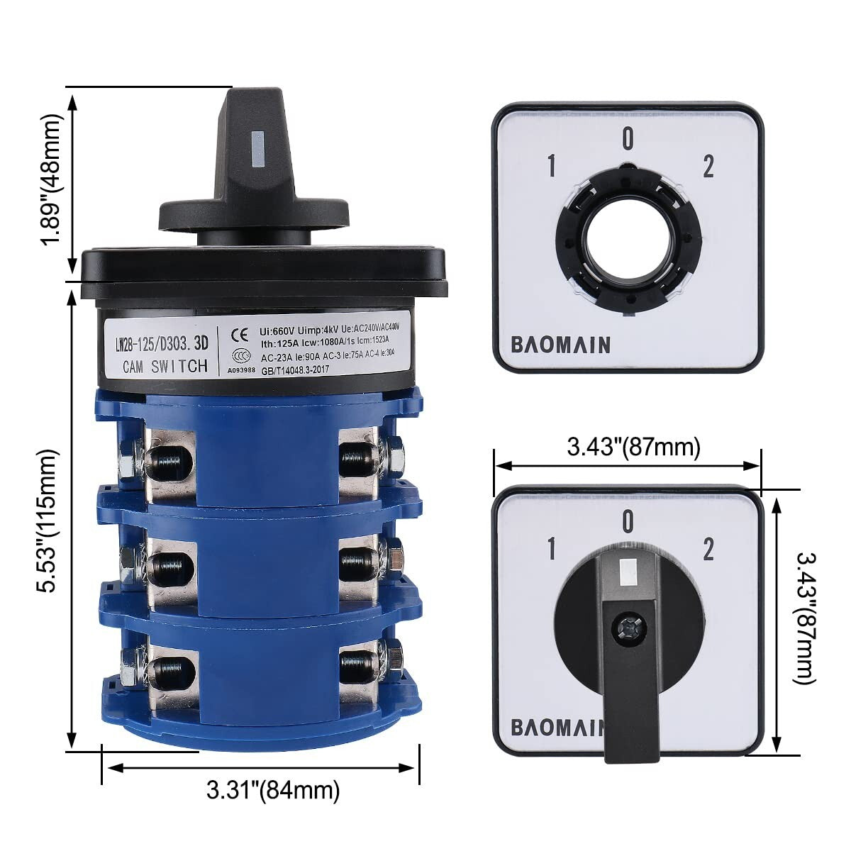 125A 660V Rotary Cam Changeover Switch - 3 Position for Electrical Wiring