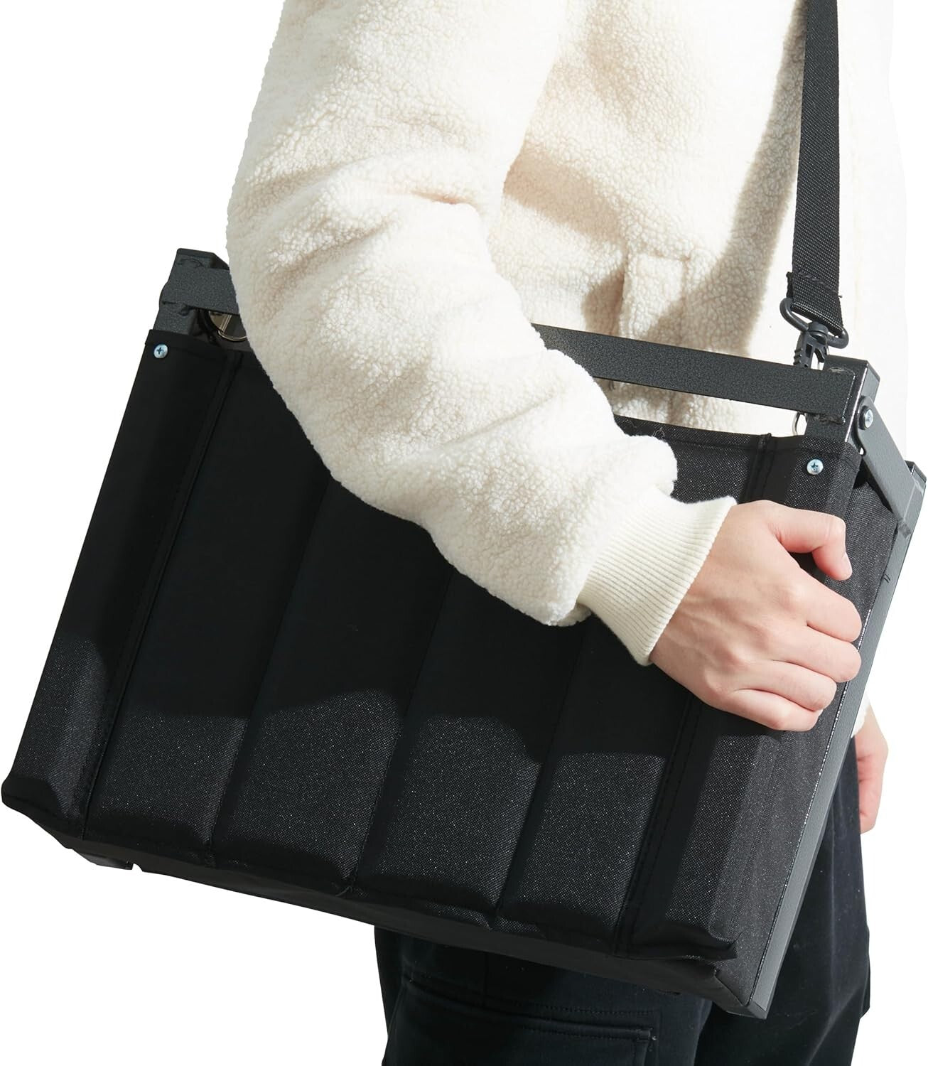 Solid Black Outdoor Bleacher Chair with Cushion and Shoulder Strap - 350 lbs