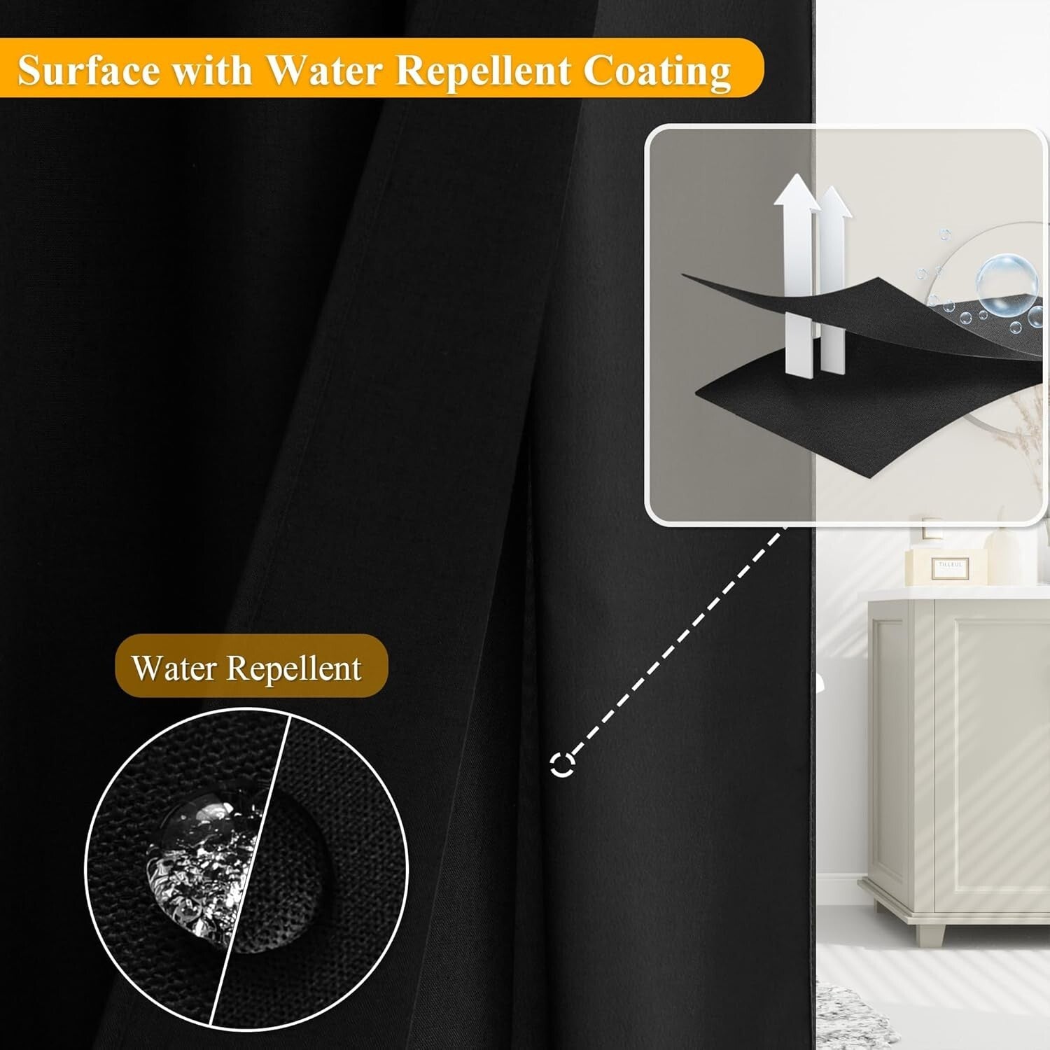 Black Hotel Luxury Shower Curtain and Liner Set with Removable Liner, 72W x 81L