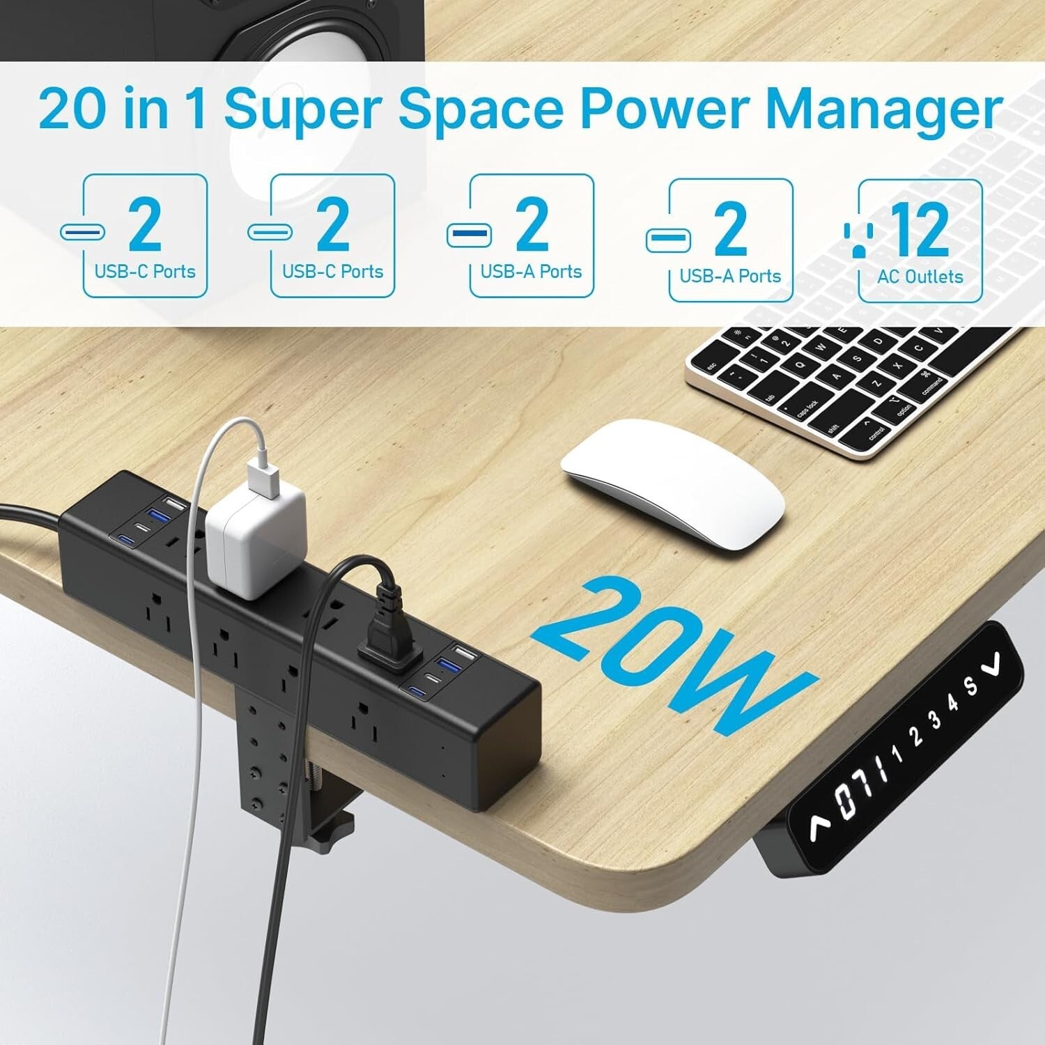 Flexible Desk Outlet Station: 12 USB and AC Ports with Clamp Mount - Black 6FT