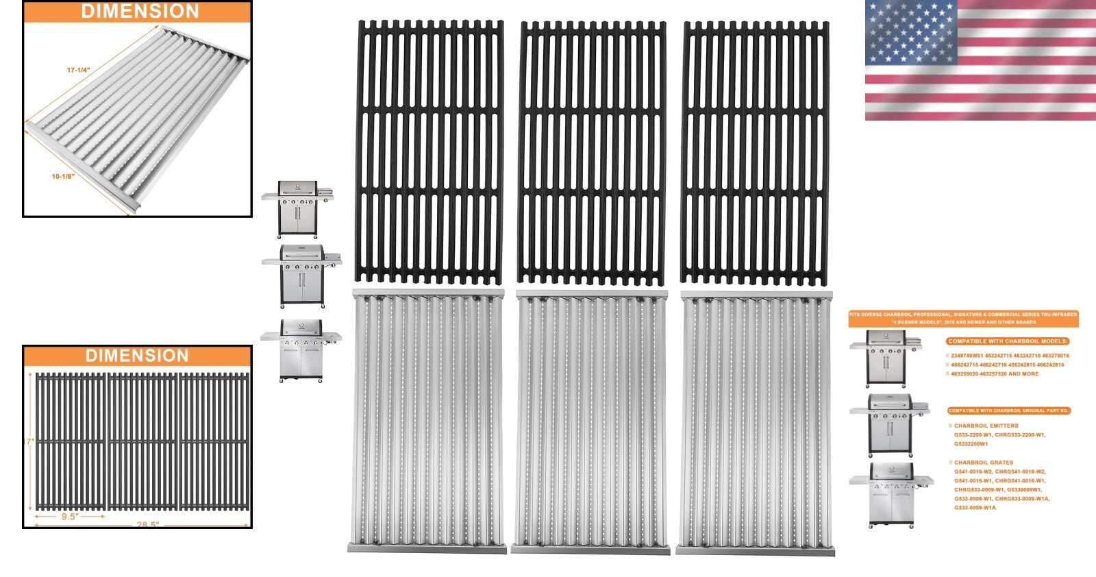 Premium Replacement Emitters and Cast Iron Grates for Charbroil 4-Burner Grills