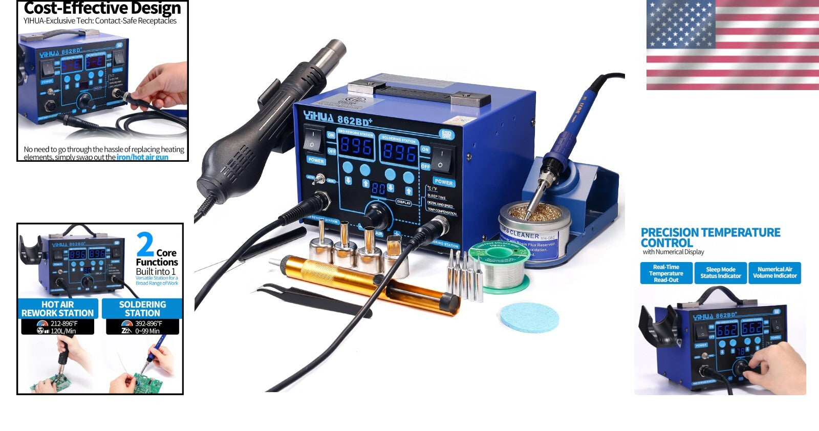 Dual-Channel ESD Safe Soldering Iron & Hot Air Station with Accessories Included