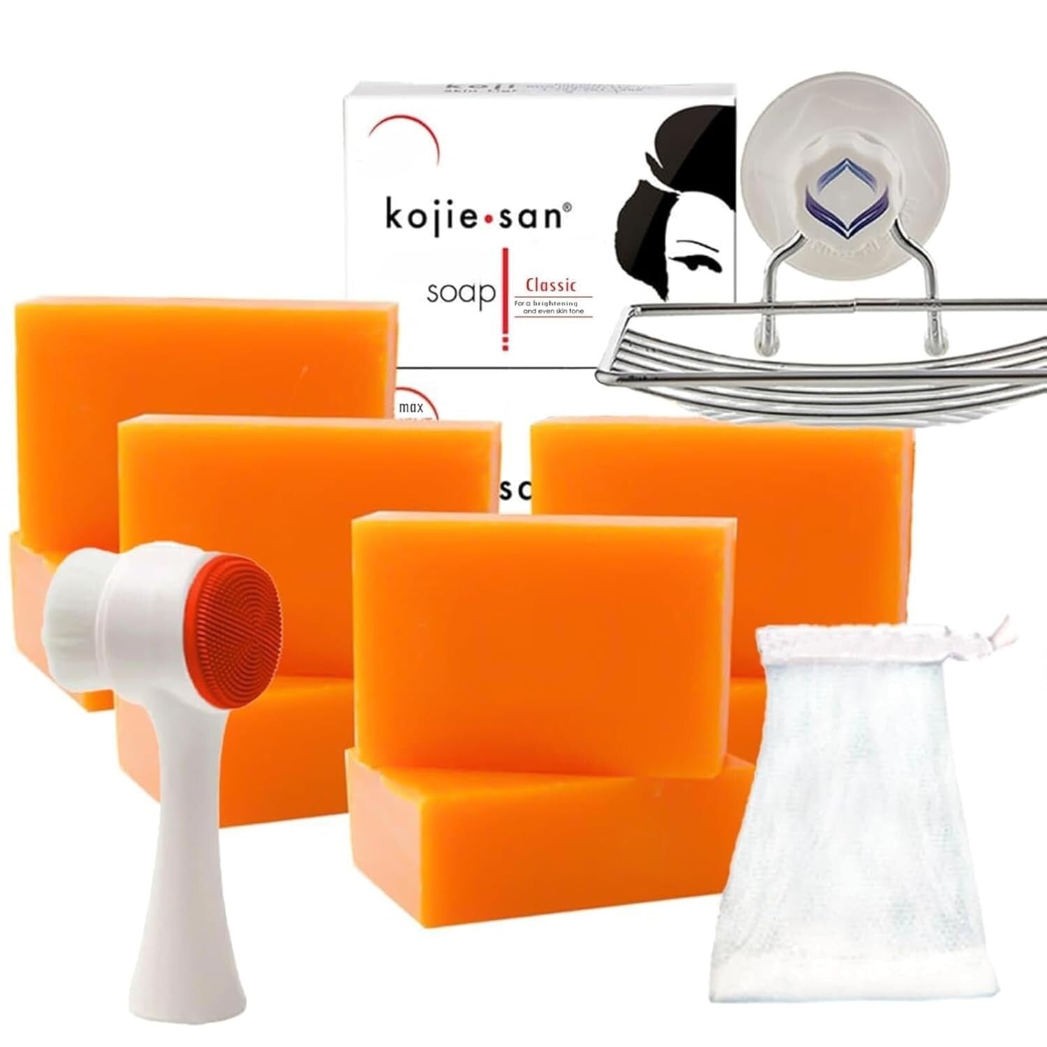 Fresh Orange Scent Original Kojic Acid Shower Set - 65g Bars + Soap Accessories