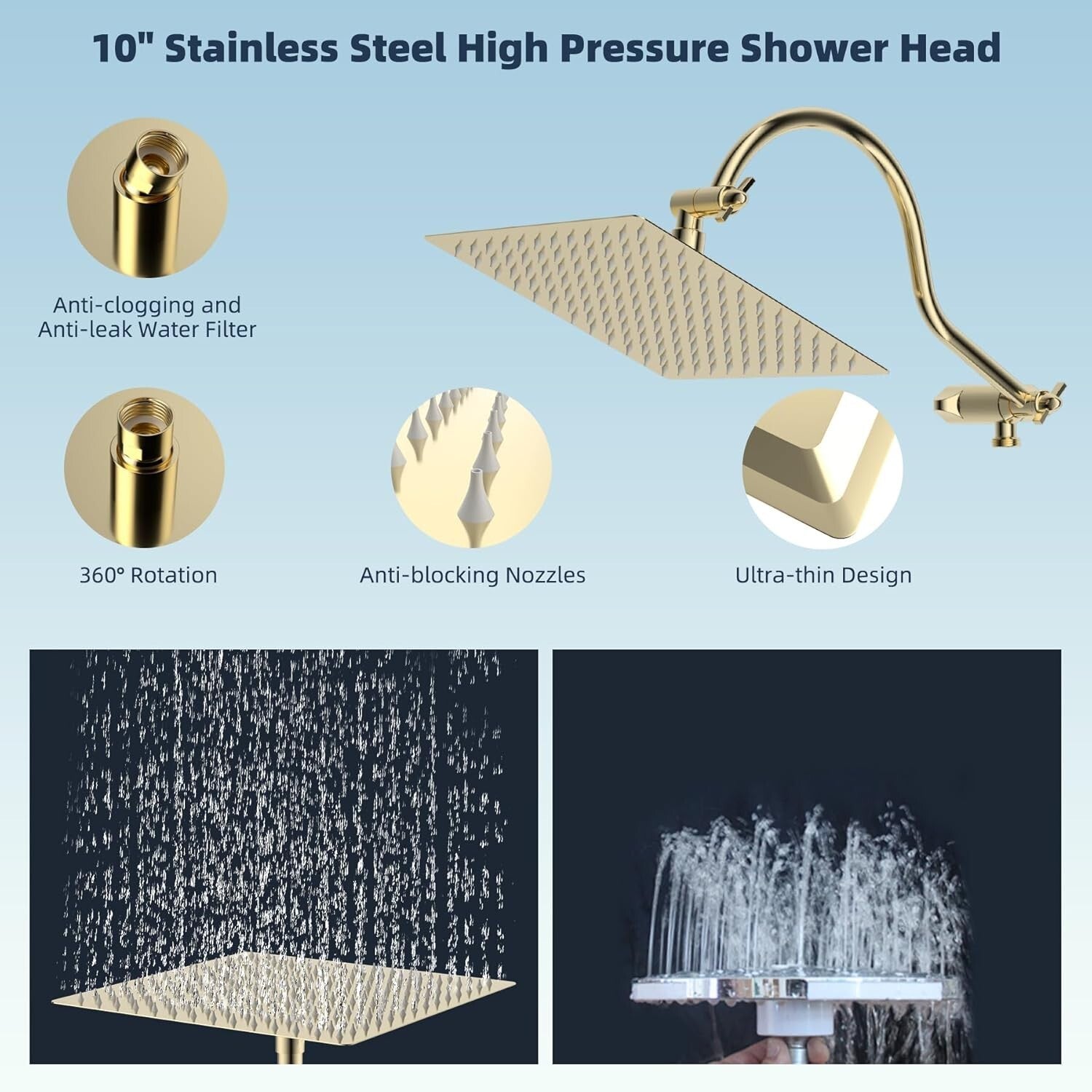 10" High Pressure Luxury Shower Head Set with Gold Handheld and Extension Arm