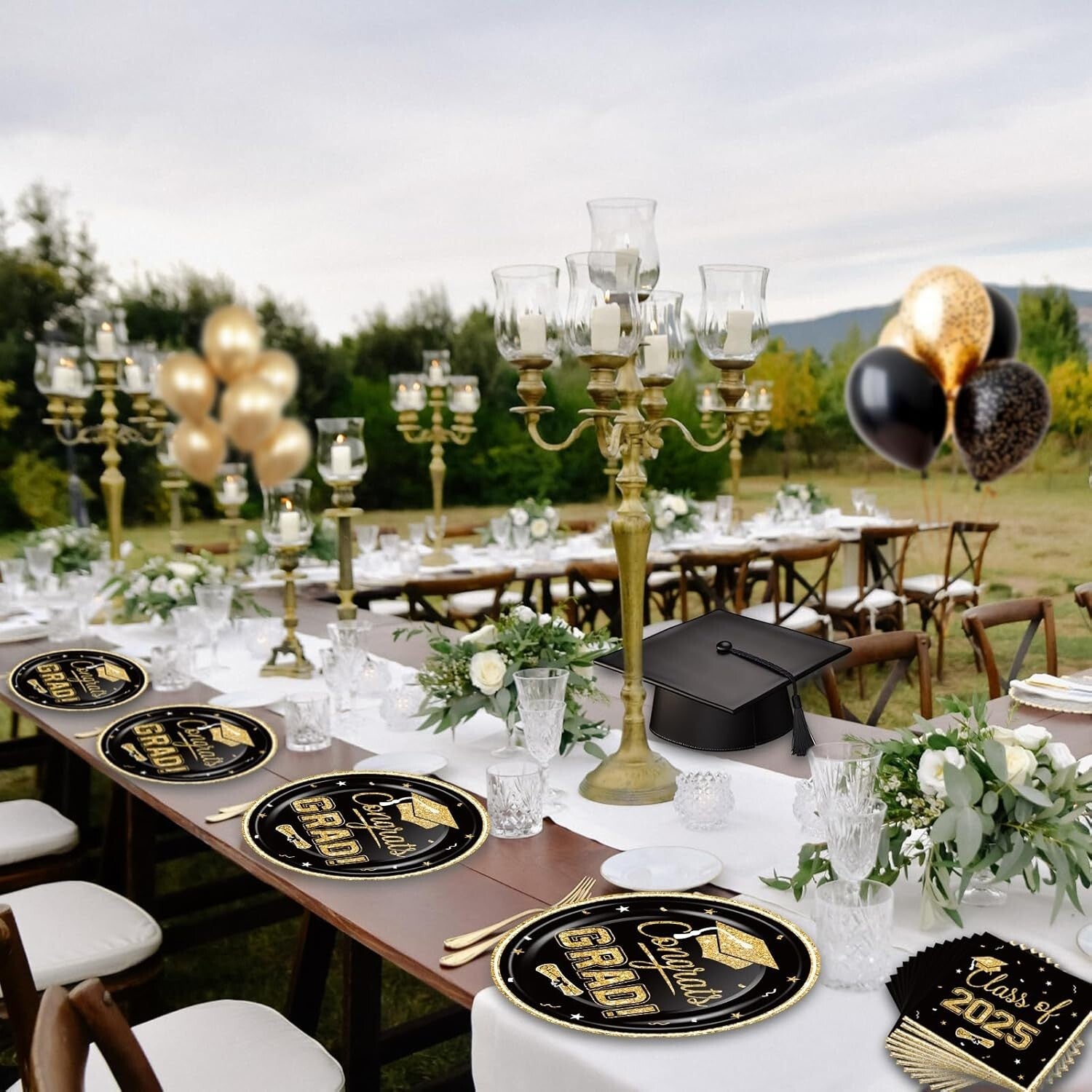 320Pcs Black & Gold Graduation Party Supplies - Elegance for Class of 2025