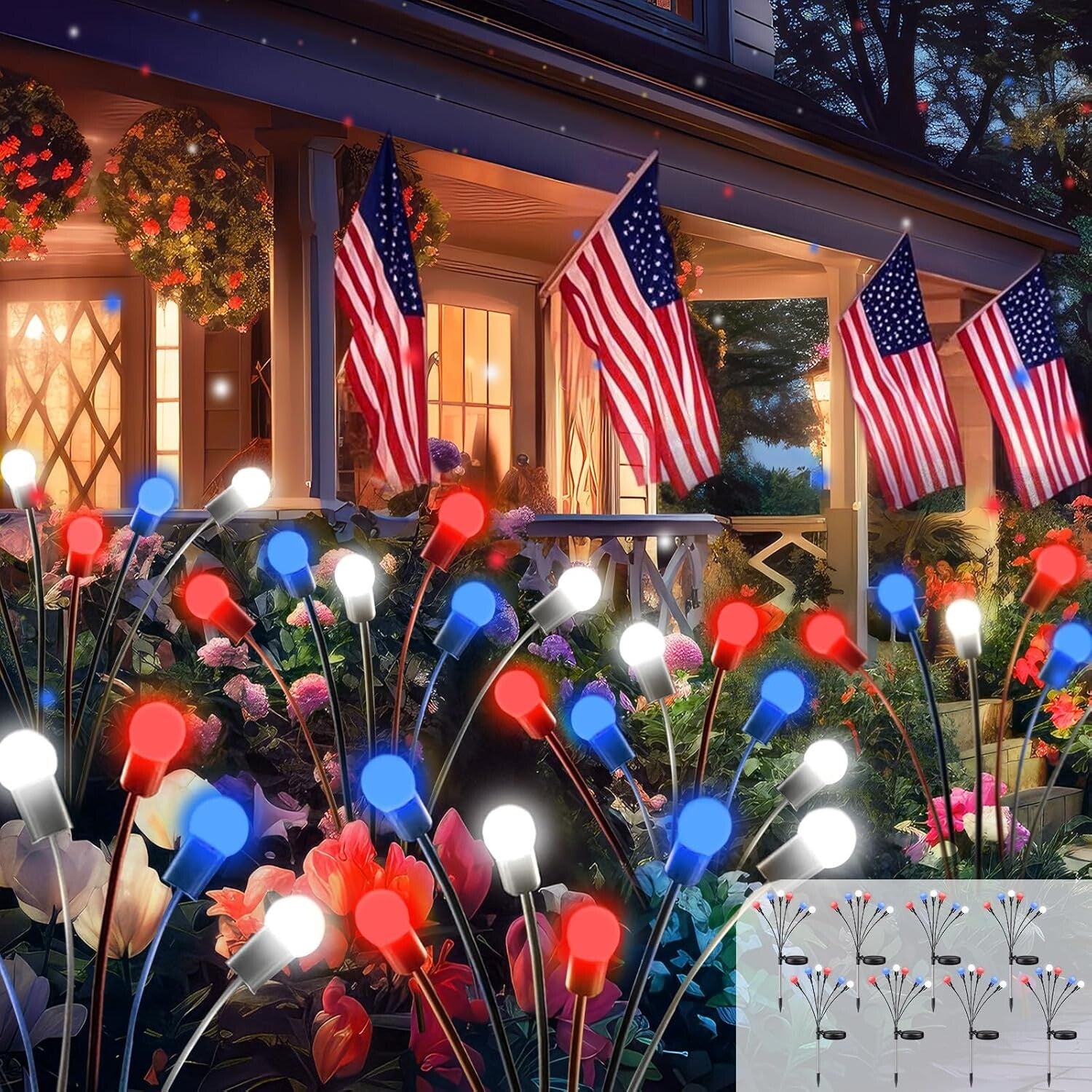 8 Solar Powered Firefly Lights in Red, White & Blue - Waterproof Outdoor Delight