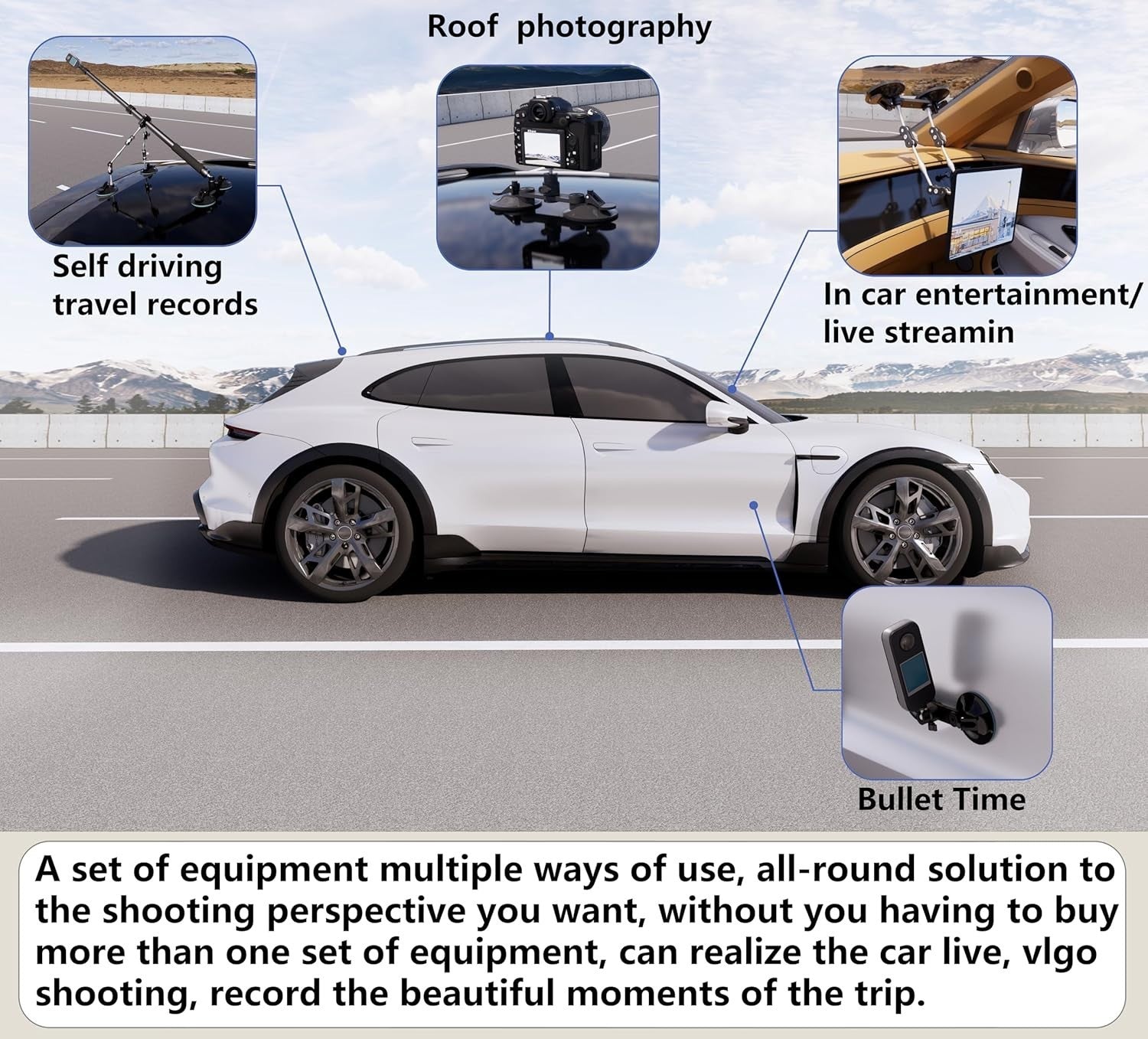 Aviation Grade Aluminum Car Mount with 44-Inch Selfie Stick for Action Cameras