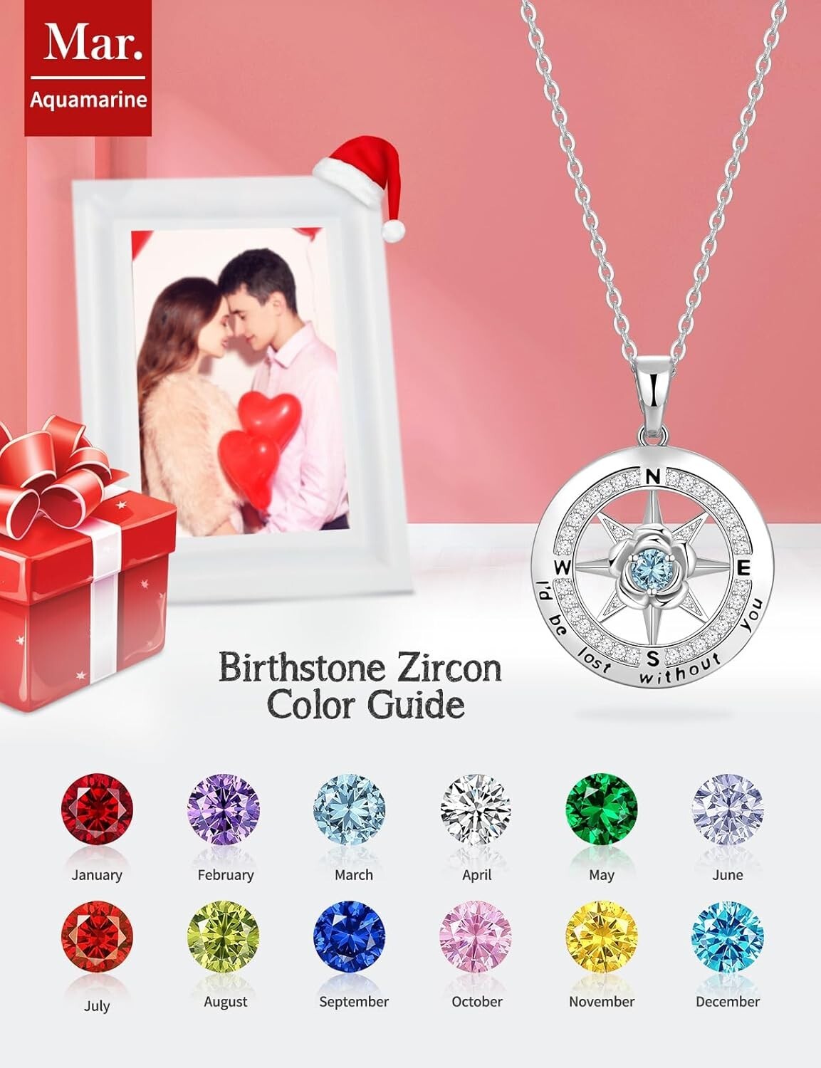 Engraved Rose Flower Compass Necklace for Women - Sterling Silver Gemstone Gift