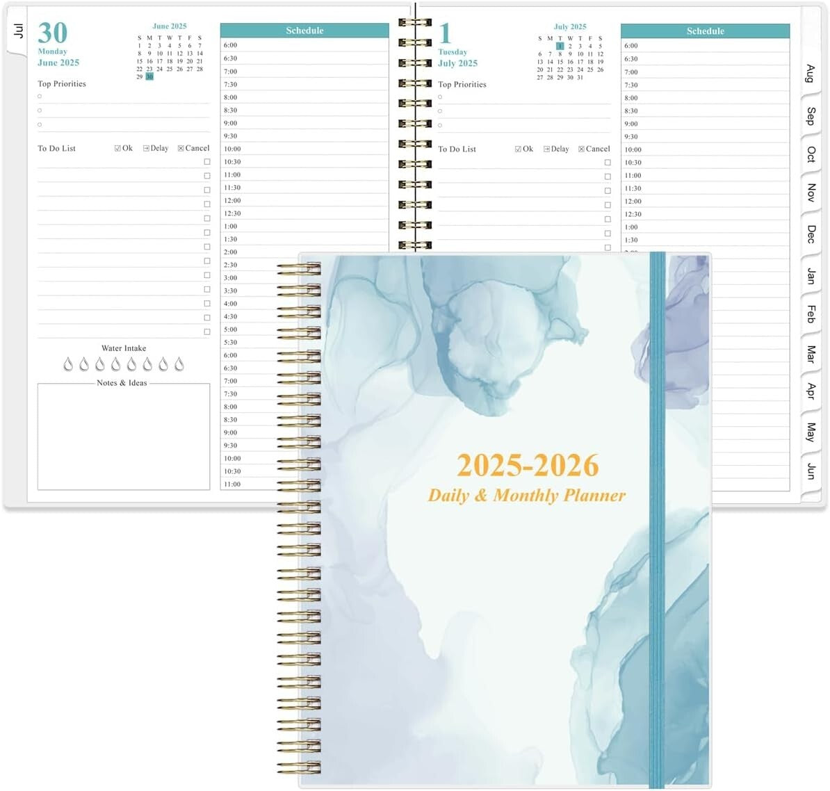 Elegant 2025-2026 Daily Planner with 12 Monthly Tabs - 11" x 8.5" Blue Design
