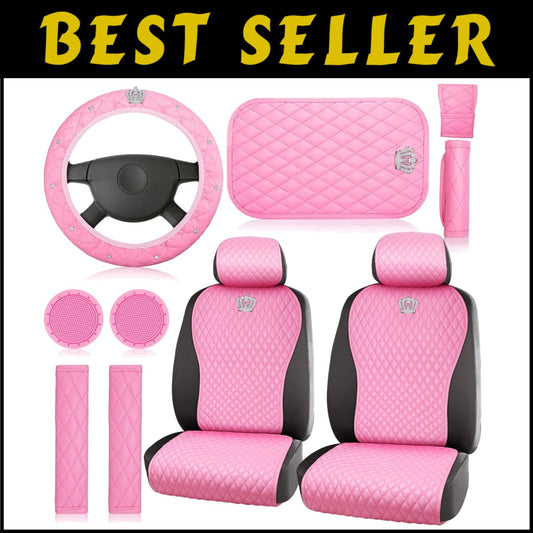 Elegant 14-Piece Pink Car Accessory Collection with Rhinestone Steering Wheel