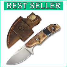 Load image into Gallery viewer, Compact 440C Fixed Blade Knife - Leather Sheath with Buckle, Unique Ram Horn
