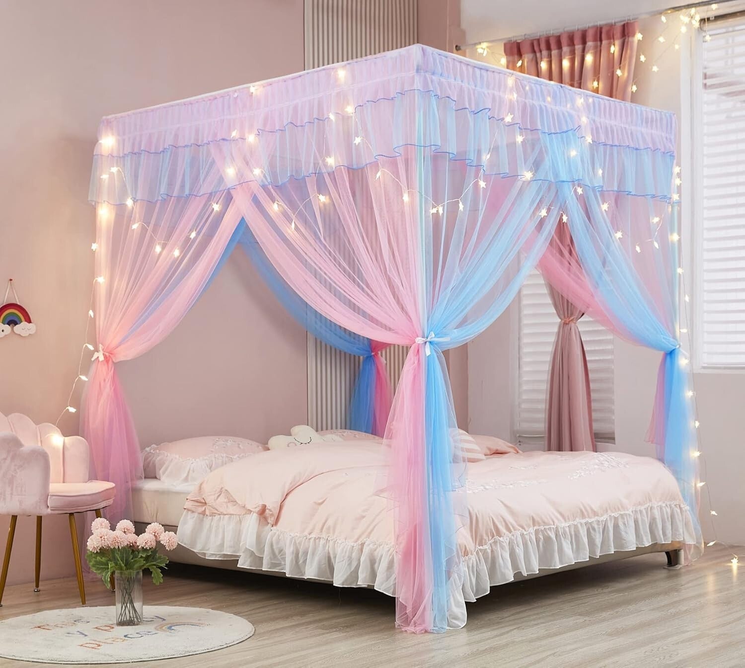 Charming Rainbow Princess Canopy Bed Curtains - Easy Setup & Fun Accessories