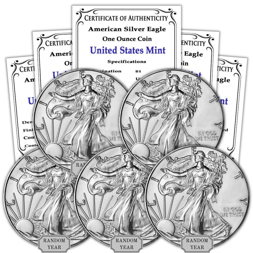 1986-Present Lot of 5 Brilliant Uncirculated Silver American Eagles - 1 oz Each
