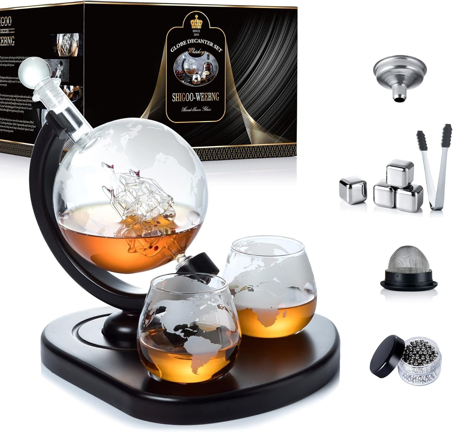9-in-1 Globe Whiskey Decanter Set with Stainless Steel Stones & Cleaning Beads