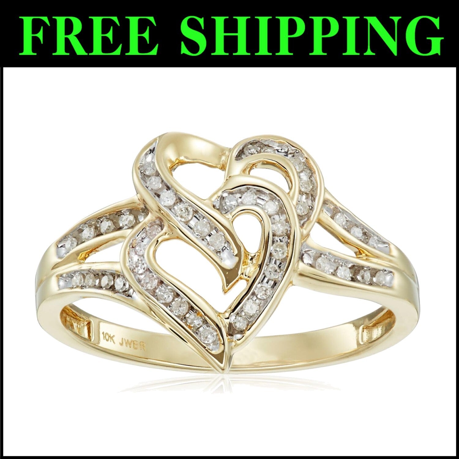 Romantic 10K Gold Two Hearts Diamond Ring for Women - 1/10 cttw Brilliance