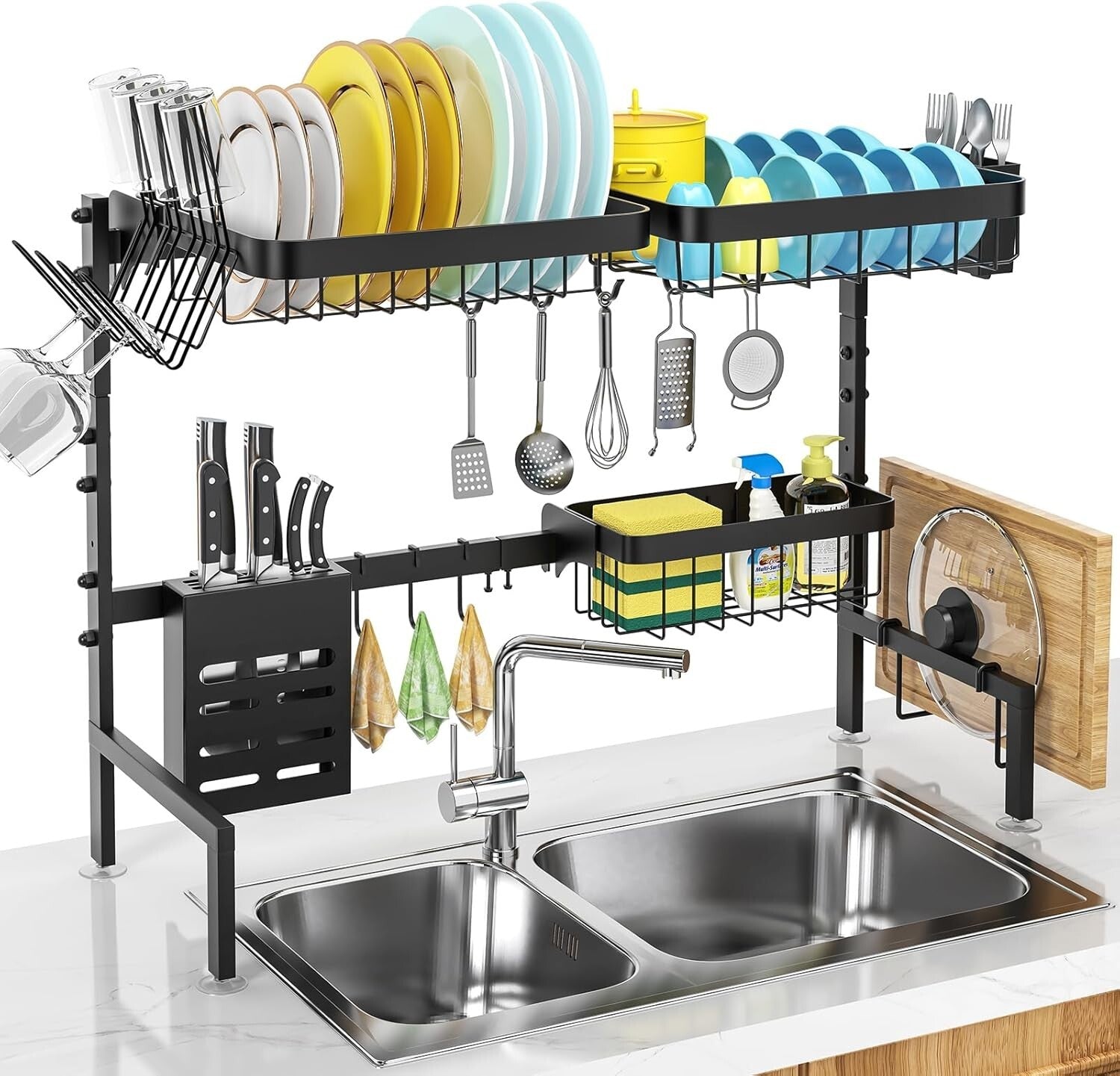 Adjustable 2-Tier Over The Sink Dish Drying Rack, Space-Saving Kitchen Organizer