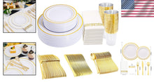 Load image into Gallery viewer, Elegant 350-Piece Gold Plastic Dinnerware Set for 50 Guests - Complete Party Kit
