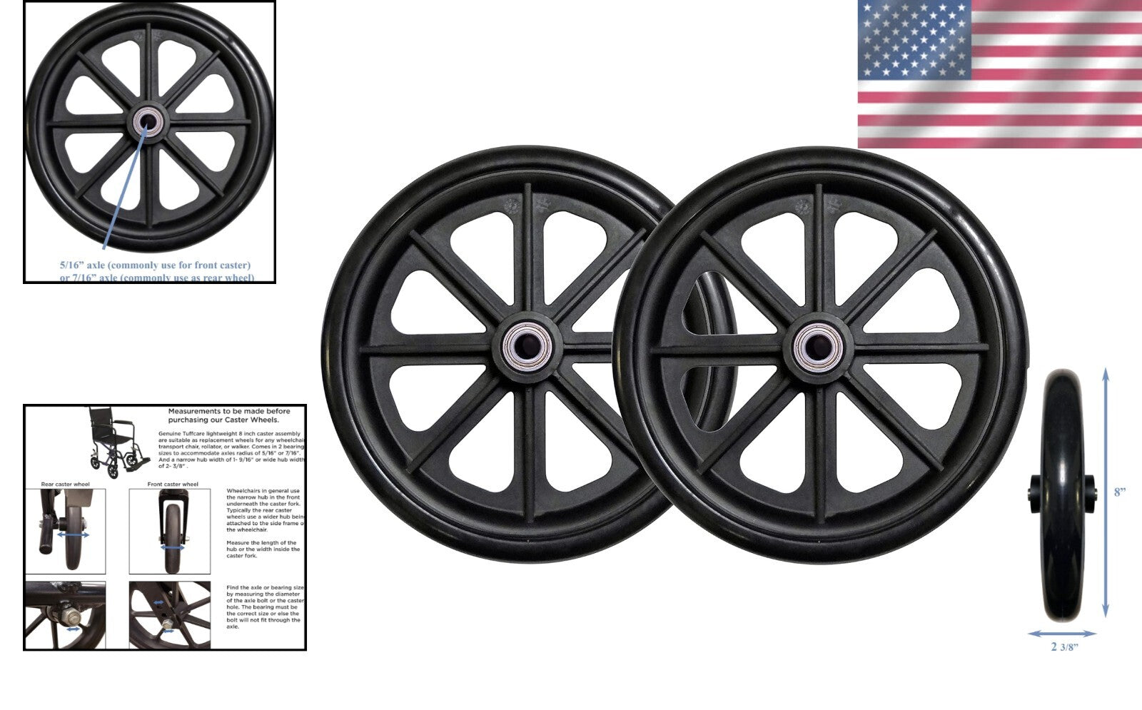 Durable 8-Inch Rubber Caster Wheel with 7/16" Axle - Perfect for Wheelchairs