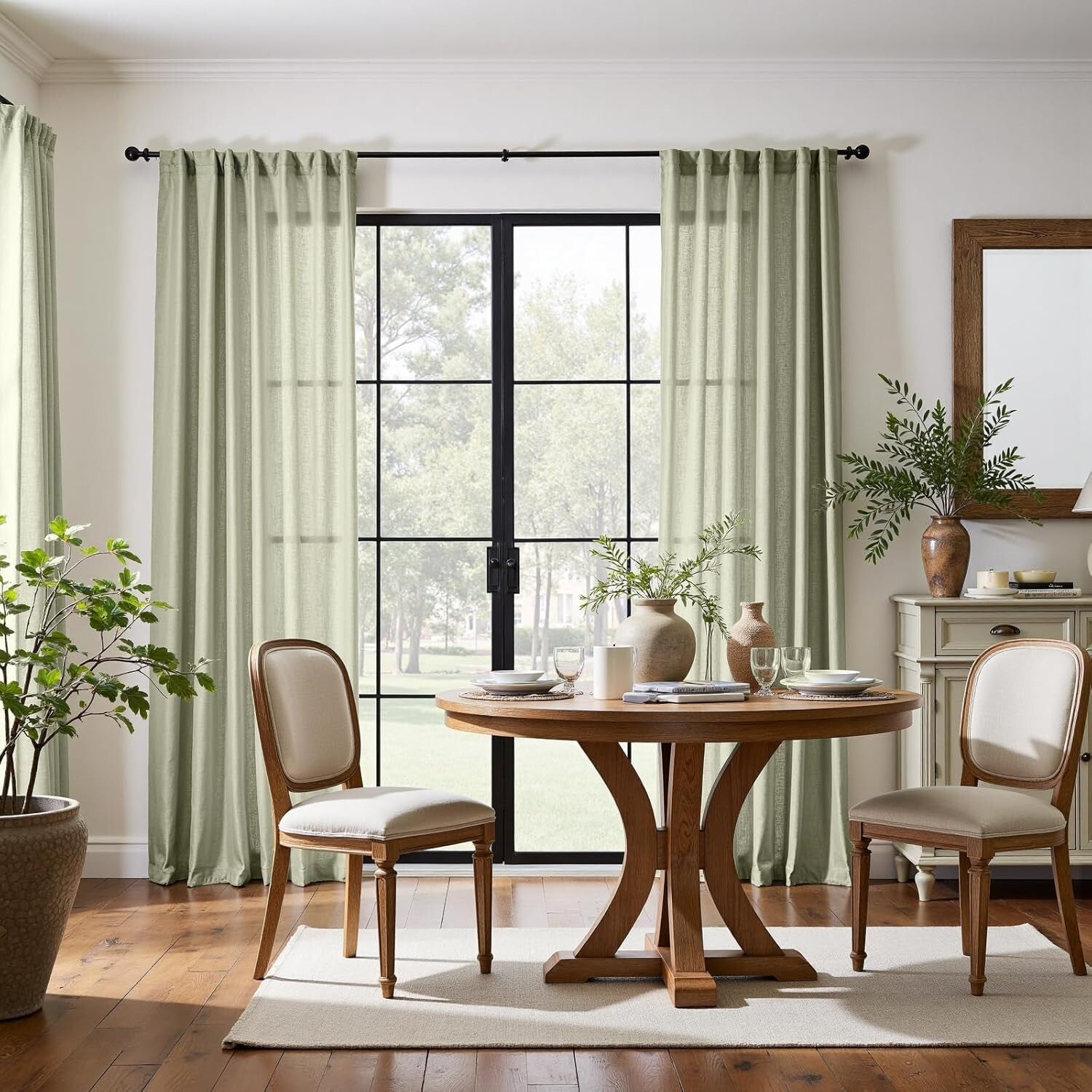 Elegant Light Green Linen Blend Curtains - 84" Long for Rustic Living Spaces