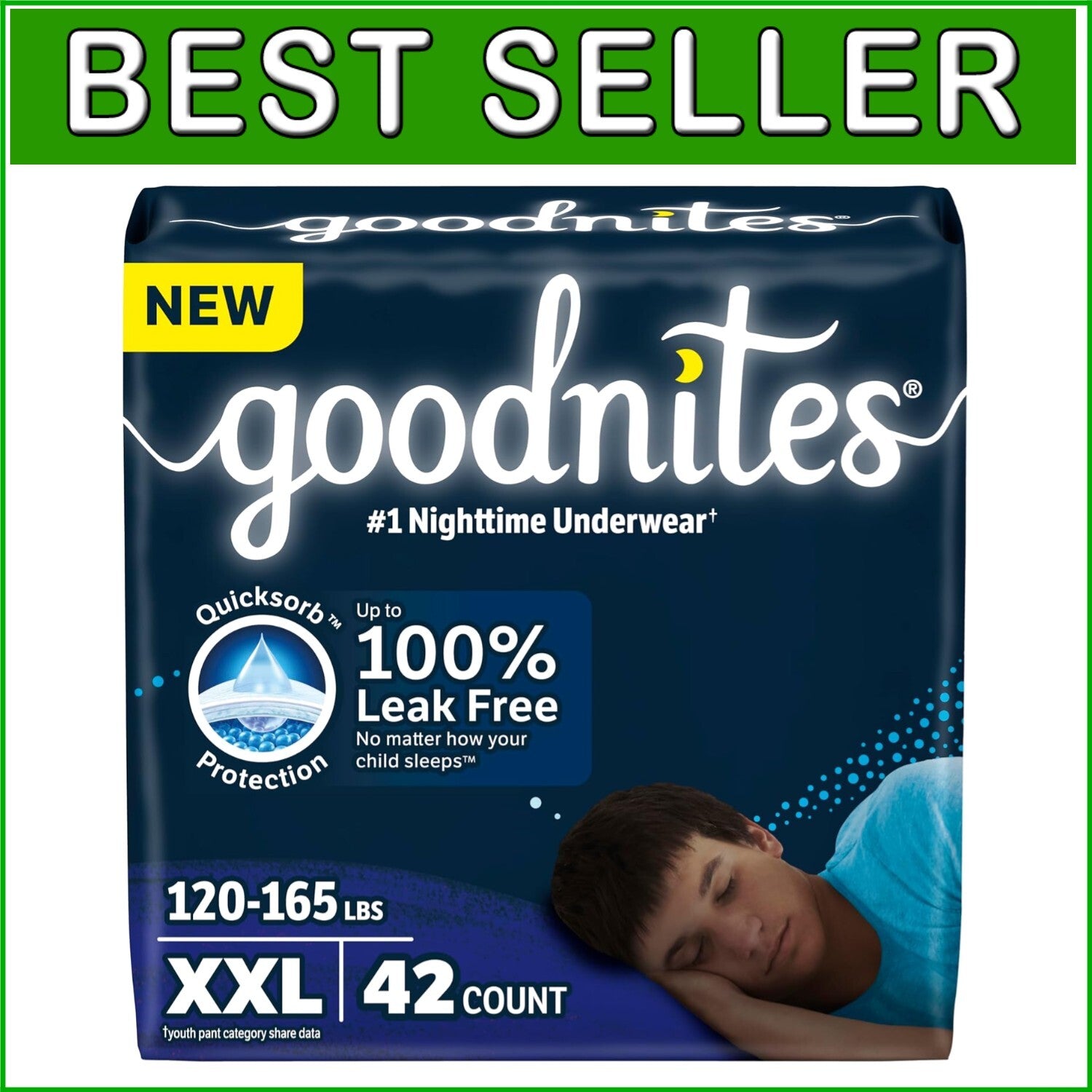 Boys' Nighttime Underwear XXL 120-165 lbs, 42 Ct - Leak-Free and Comfortable